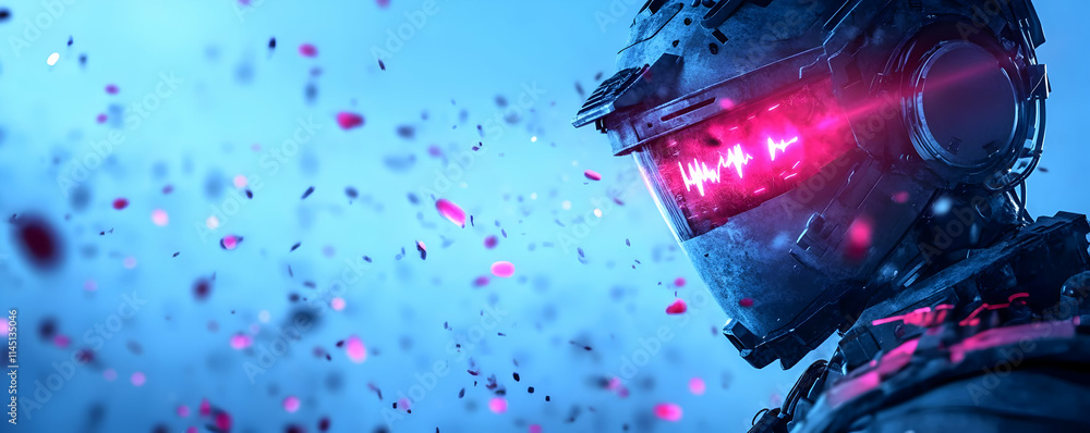 Poster robot looks down with glowing visor and falling debris, artificial intelligence technology concept.