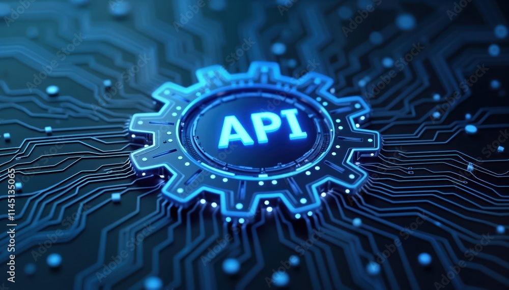 Poster Futuristic glowing blue gear with API symbol on circuit board. Tech illustration intricate network design. Digital interface design concept. Modern tech, business concept. Advanced communication tech