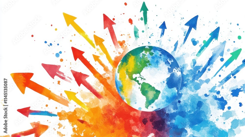 Poster watercolor background with arrows pointing to the earth, representing global growth and business dev