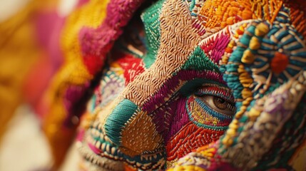 Close-up of a face intricately adorned with colorful embroidered textile.