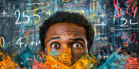 Man, Money, and Mathematical Equations on Chalkboard