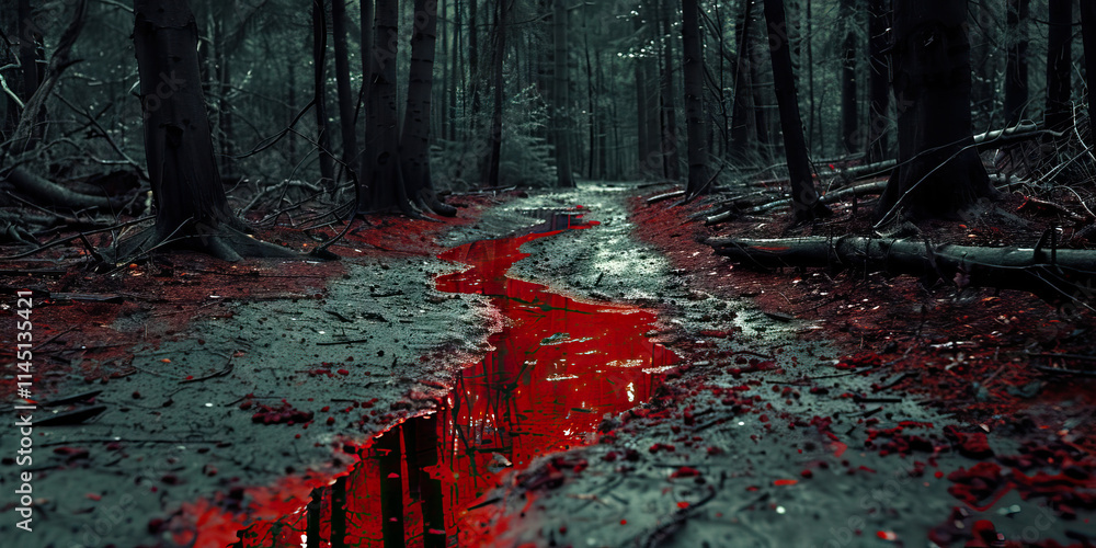 Poster forest path with red liquid stream