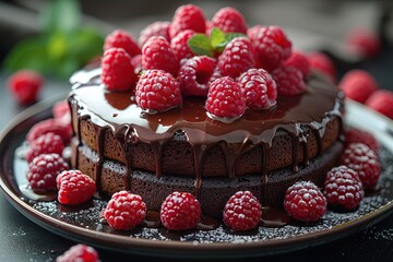 cake with chocolate sauce and raspberries