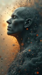 Human figure eroding into dust in dramatic light