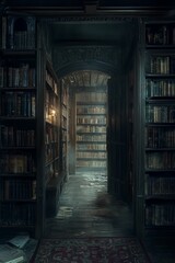 Obraz premium Dark hallway, old books, stone floor, antique shelves.