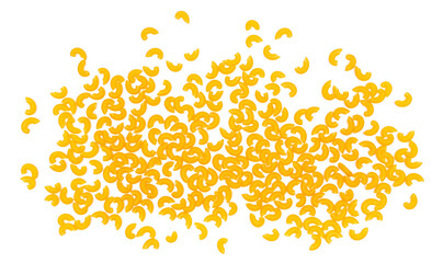 Pile pasta uncooked, corn macaroni scattered, gluten free, isolated on white, top view	