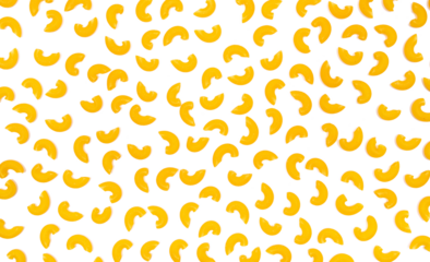 Pasta uncooked, corn macaroni, gluten free, isolated on white, top view	