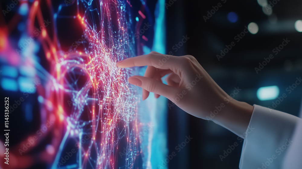 Poster Touching a digital interface displaying vibrant light patterns and data connections in a modern technological environment