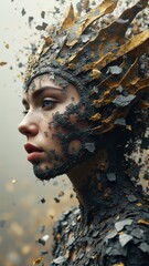 Woman with textured gold and black face paint and crown