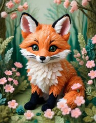 Fototapeta premium A detailed needlework depiction of a fox, intricately crafted from colorful wool, set against a textured forest background, emphasizing a cozy, hand-stitched aesthetic