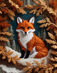 Fototapeta premium A detailed needlework depiction of a fox, intricately crafted from colorful wool, set against a textured forest background, emphasizing a cozy, hand-stitched aesthetic