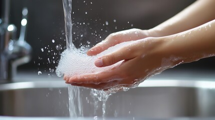 Fototapeta premium Woman Washing Hands With Soap and Water Under a Kitchen Faucet