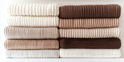 color of the year, moodboard sample "mocha mousse": a stack of neatly folded cocoa sweaters on a shelf