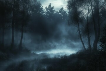 Fototapeta premium Misty night scene, dark forest, still water.