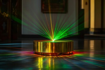 Illuminated cylinder reflects multicolored laser beams.