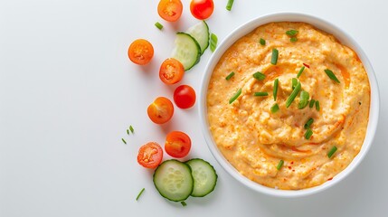 Bowl of creamy red pepper hummus garnished with green onions, surrounded by cucumber slices and cherry tomatoes, flat lay appetizer photography on a white background, healthy snack concept with copy s