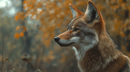 Fototapeta premium Coyote wildlife portrait in forest setting, beautiful grey predator face closeup, wild canine mammal with orange fur, carnivore animal in nature habitat, adorable canis latrans profile in wilderness.