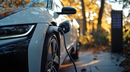 Naklejka premium Gros plan d'une voiture électrique en charge avec des panneaux solaires en arrière-plan, de couleur blanche, prise à la lumière du jour, photographie.