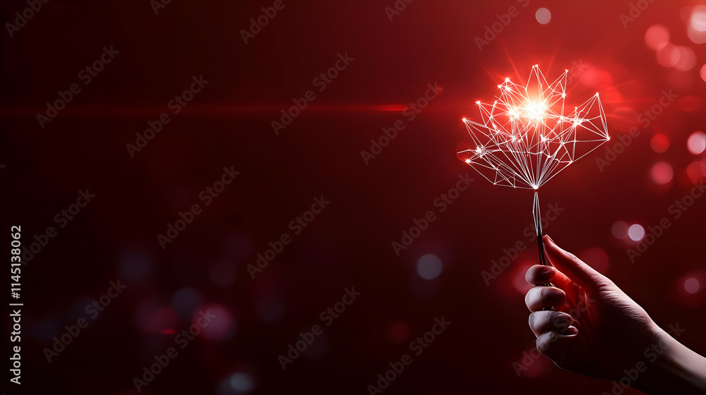 Poster hand holds glowing abstract shape with red background and light effect with technology, innovation, 