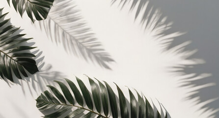 Minimalist background with palm leaves and shadows on the white wall. Summer aesthetic wallpaper with tropical, exotic leaves. Banner for web design, product advertising, mockup for presentation