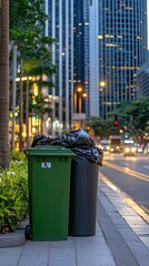 Black garbage bag placed next to a green trash can on a city street surrounded by blurred vehicles and colorful autumn leaves