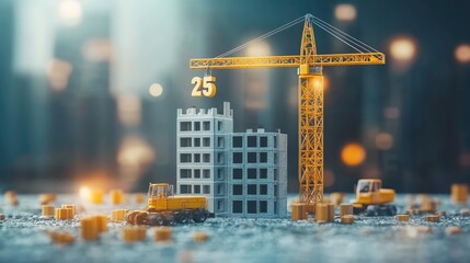 Engineer Working Table and Construction Crane Lifting Year 2025 in Concrete Cube, Replacing 2024