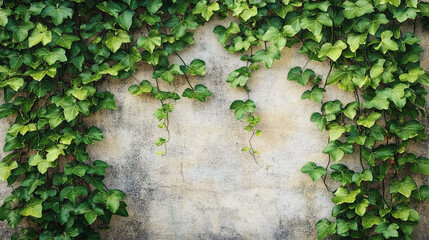 Stone wall covered in lush green vines, plant leaves adorning architecture structure, concrete surface embraced by garden foliage, old building backdrop with natural texture.
