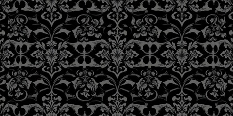 Seamless gothic Damask Wallpaper design in black and white, decorative, vintage