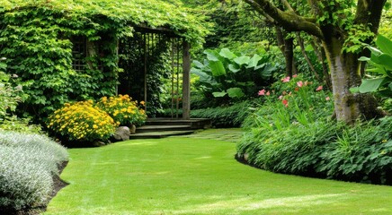Garden with a gazebo surrounded by lush green grass
