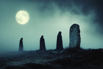 Moonlit foggy landscape, three figures, stone monolith.