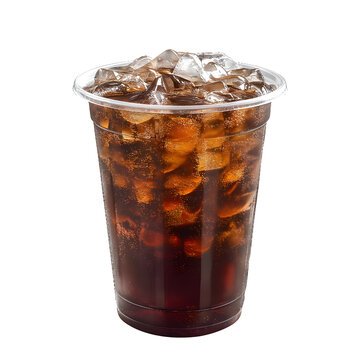 cola with ice cubes in plastic cup on transparent background