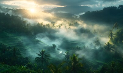 Early morning mist lifting from the Tegalalang rice terraces with beams of sunlight piercing through