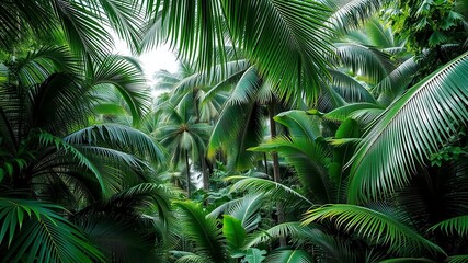 Fototapeta premium Tropical palm leaves in vibrant green hues, creating a lush and exotic jungle atmosphere, foliage, tropical atmosphere