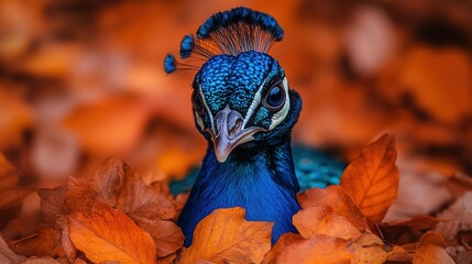 Obraz premium A peacock nestled among vibrant autumn leaves.