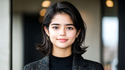 Sophisticated young woman in a sleek blazer standing in a bright modern office representing professionalism and career focus