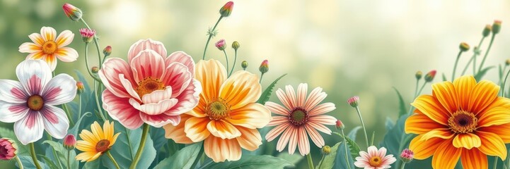 Vibrant watercolor illustration of various flowers in full bloom, vibrant, nature