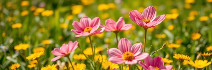 Obraz premium Vibrant yellow daffodil flowers blooming in a lush field under the bright sun, floral, sunny