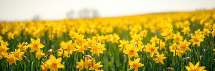 Vibrant yellow daffodil flowers blooming in a lush field under the bright sun, outdoors, bright