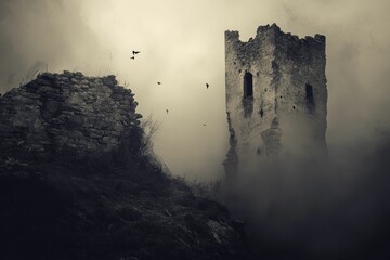 Fototapeta premium Foggy ruins, stone walls, birds fly overhead.