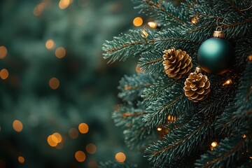 Close-up of a decorated evergreen tree branch with teal ornaments and gold pine cones. Soft, warm lighting creates a cozy and festive atmosphere.