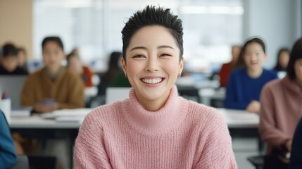 Cheerful student smiling in a classroom during a lesson surrounded by classmates in a bright and inviting educational environment