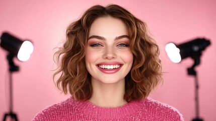 Fototapeta premium Confident young woman smiling brightly in a photography studio illuminated by vibrant pink lighting and surrounded by professional equipment
