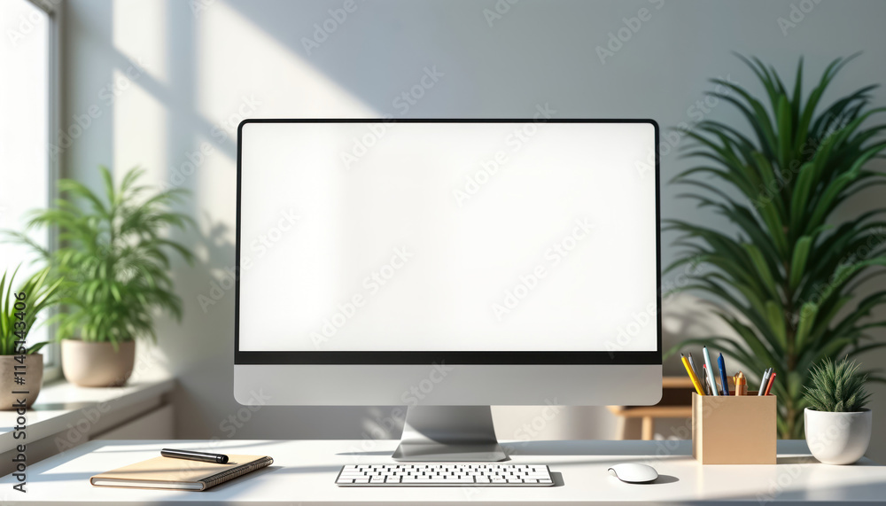 Leinwandbilder modern office desk with empty screen computer monitor. stylish workplace design with green plants. b