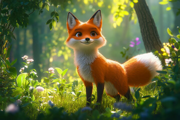 Fototapeta premium A cartoon fox standing in a lush green forest