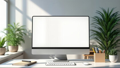 Modern office desk with empty screen computer monitor. Stylish workplace design with green plants. Blank display screen for creative content. Ideal template for presentations promotional materials.