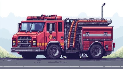 Pixel art illustration of a vintage firetruck on a road.