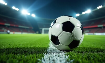 Fototapeta premium Soccer ball artificial turf nighttime floodlights dramatic lighting