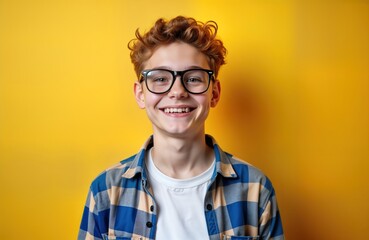 Young man with down syndrome smiles cheerfully at camera. Casual clothes and glasses. Pastel yellow background. Positive image for awareness day or disability support campaign. Studio portrait.