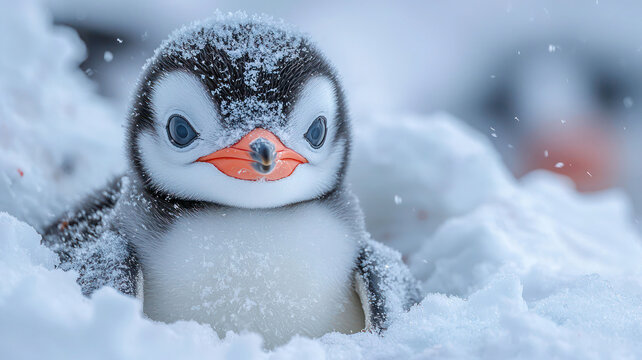 A baby penguin cuddling with its siblings under a snowy sky,