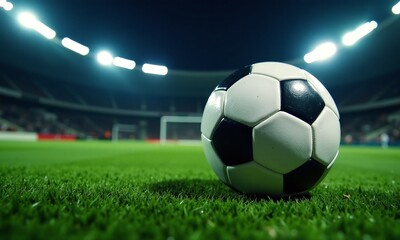 Obraz premium Soccer ball artificial turf nighttime floodlights dramatic lighting